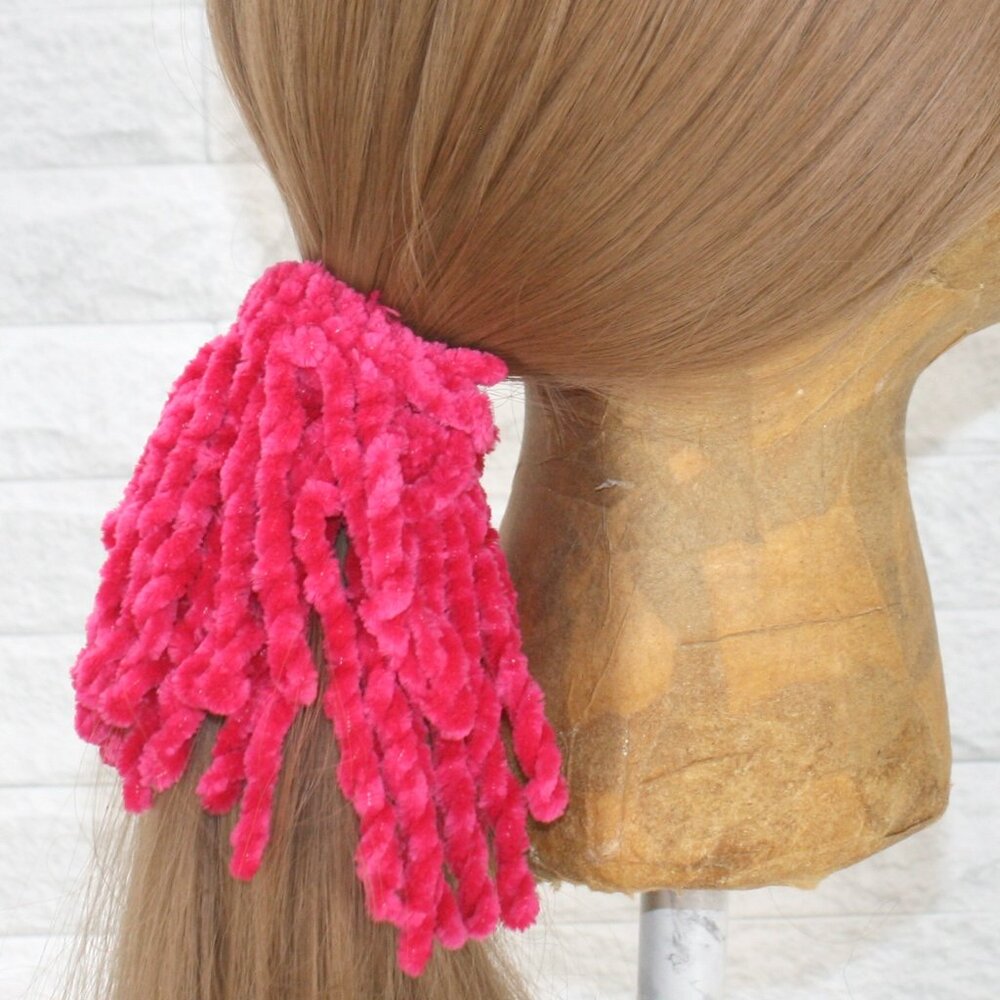HAND CRAFTED Hair Scrunchie Crochet Chenille Velvet Oversized Fringe Hot Pink